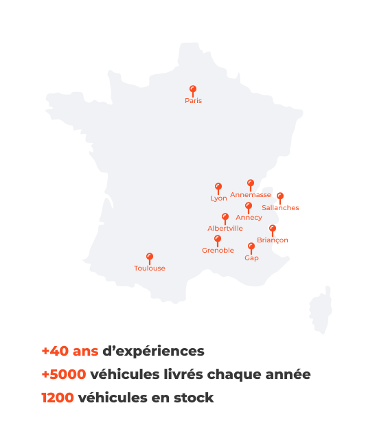 Carte de France avec les différents points de vente Jugand Autos